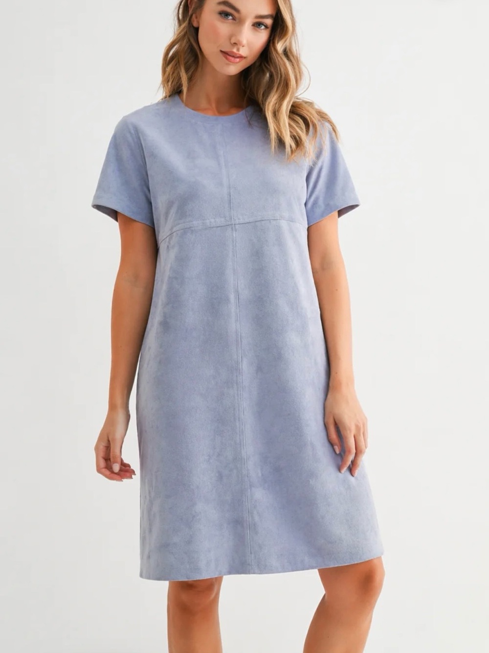 Joh Apparel woman’s AUDREY Faux SUEDE ROUND NECK gray/blue Mini Shift Dress